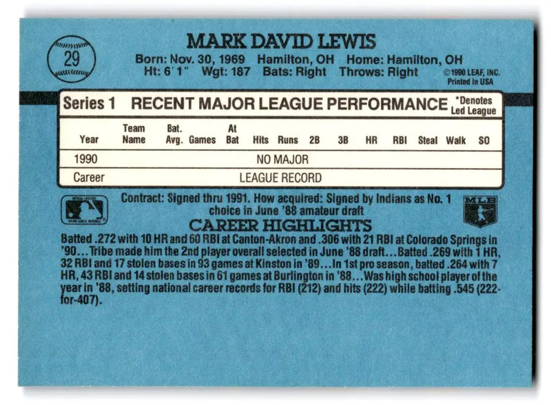 1991 Donruss #29b Mark Lewis - Baseball Card Single