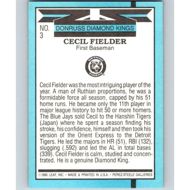 1991 Donruss #3 Cecil Fielder DK NM-MT Detroit Tigers Baseball Card - Baseball Card Single