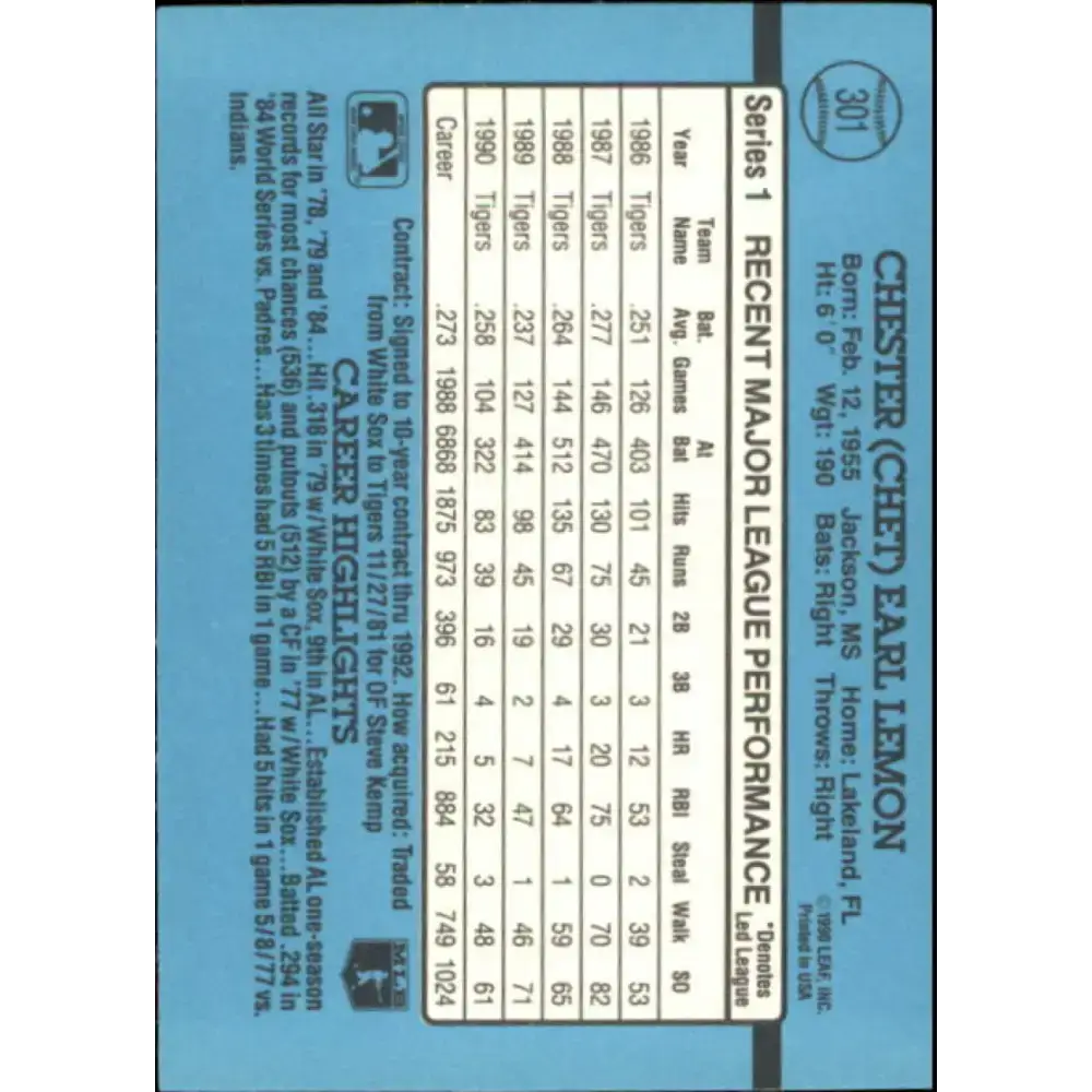 1991 Donruss #301 Chet Lemon NM-MT Detroit Tigers Baseball Card - Baseball Card Single