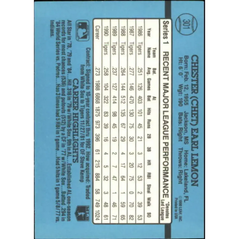 1991 Donruss #301 Chet Lemon NM-MT Detroit Tigers Baseball Card - Baseball Card Single