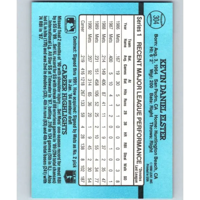 1991 Donruss #304 Kevin Elster NM-MT New York Mets Baseball Card - Baseball Card Single