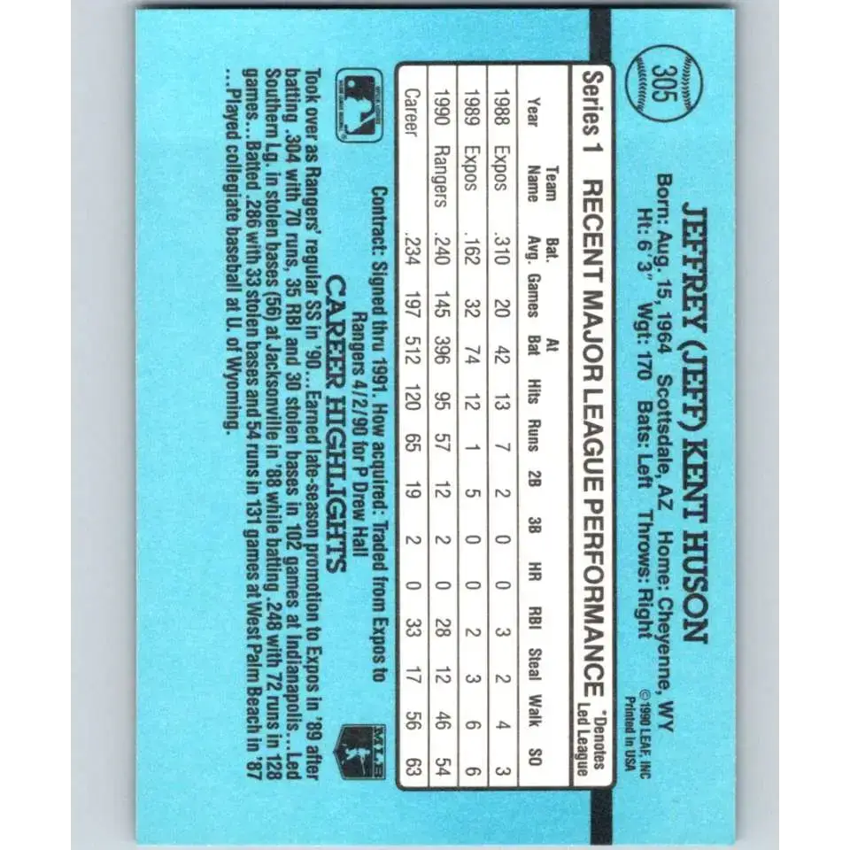 1991 Donruss #305 Jeff Huson NM-MT Texas Rangers Baseball Card - Baseball Card Single