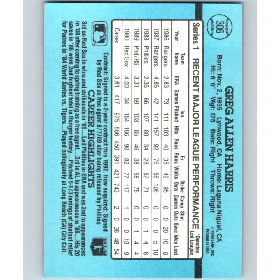 1991 Donruss #306 Greg Harris NM-MT Boston Red Sox Baseball Card - Baseball Card Single
