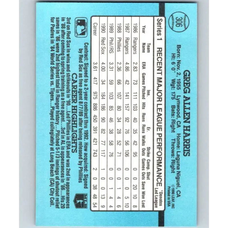 1991 Donruss #306 Greg Harris NM-MT Boston Red Sox Baseball Card - Baseball Card Single