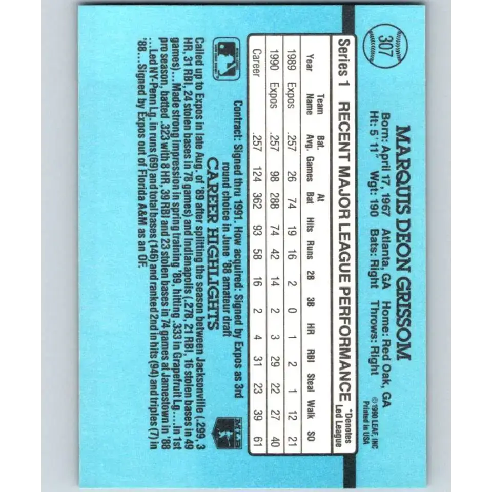 1991 Donruss #307 Marquis Grissom UER NM-MT Montreal Expos Baseball Card - Baseball Card Single