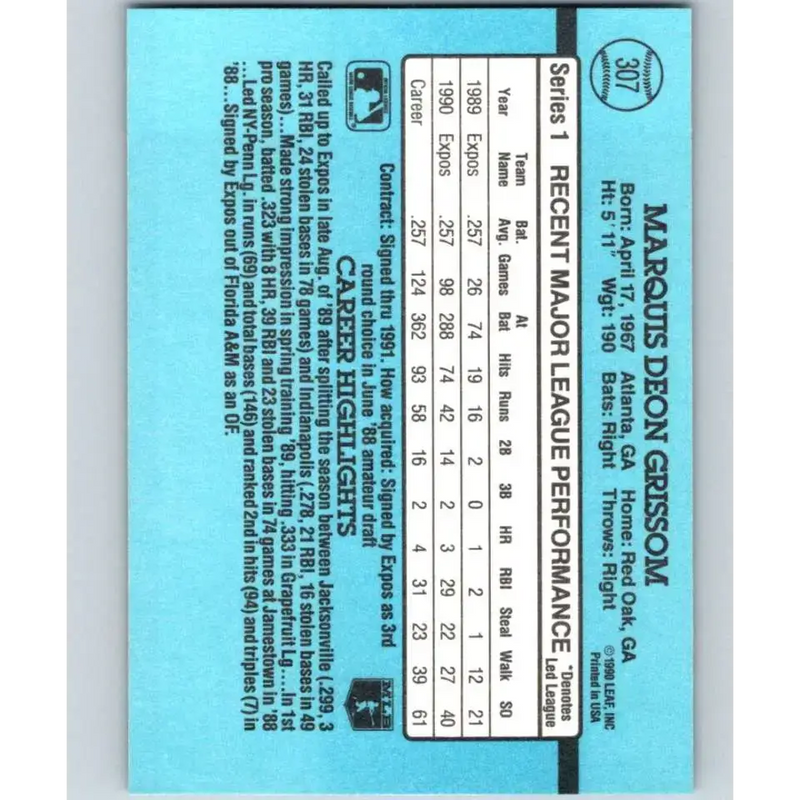 1991 Donruss #307 Marquis Grissom UER NM-MT Montreal Expos Baseball Card - Baseball Card Single