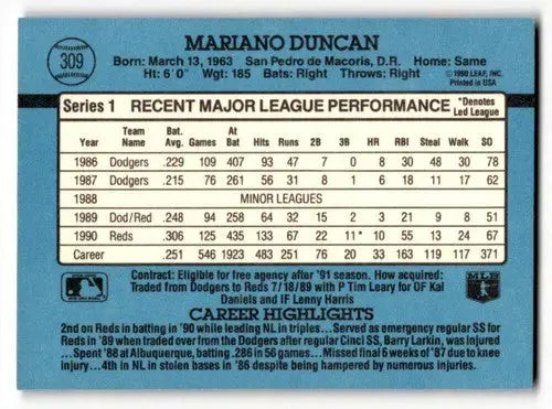 1991 Donruss #309 Mariano Duncan Cincinnati Reds Baseball Cards EX/N ID:55339 - Baseball Card Single