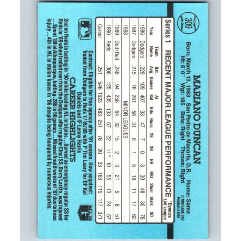 1991 Donruss #309 Mariano Duncan NM-MT Cincinnati Reds Baseball Card - Baseball Card Single