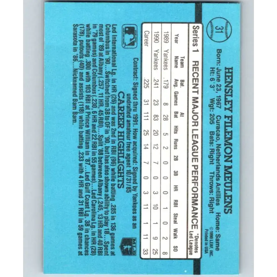 1991 Donruss #31 Hensley Meulens RR NM-MT New York Yankees Baseball Card - Baseball Card Single
