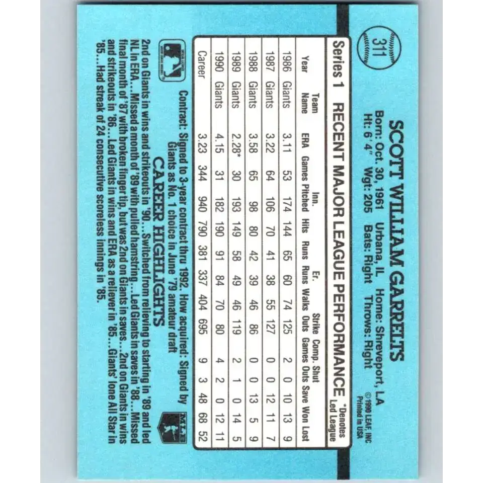 1991 Donruss #311 Scott Garrelts NM-MT San Francisco Giants Baseball Card - Baseball Card Single