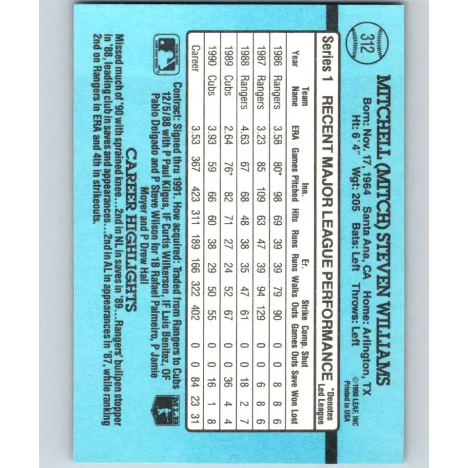 1991 Donruss #312 Mitch Williams NM-MT Chicago Cubs Baseball Card - Baseball Card Single