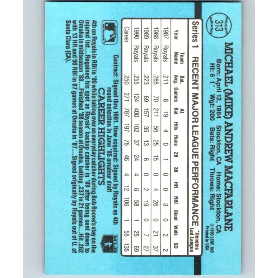 1991 Donruss #313 Mike Macfarlane NM-MT Kansas City Royals Baseball Card - Baseball Card Single