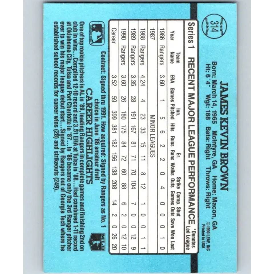 1991 Donruss #314 Kevin Brown NM-MT Texas Rangers Baseball Card - Baseball Card Single