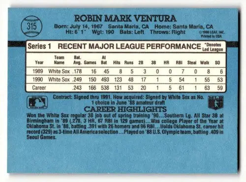 1991 Donruss #315 Robin Ventura Chicago White Sox Baseball Cards EX/ ID:57666 - Baseball Card Single