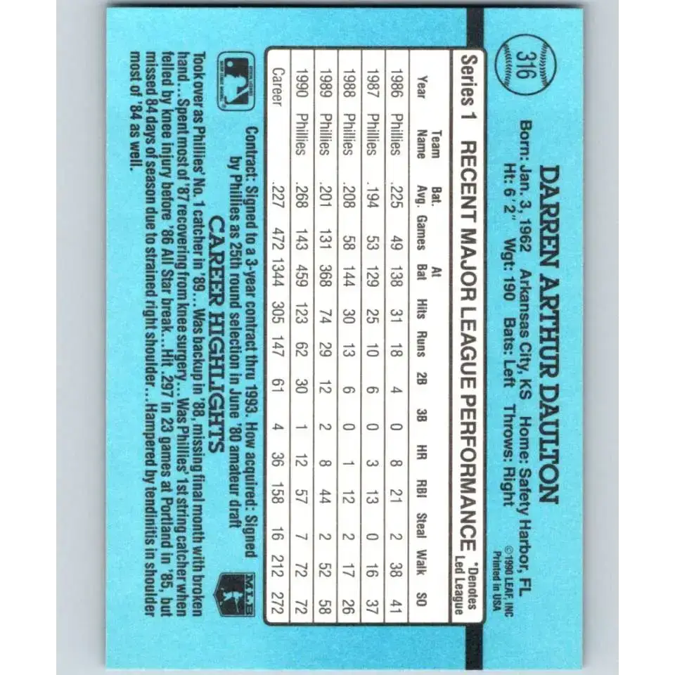 1991 Donruss #316 Darren Daulton NM-MT Philadelphia Phillies Baseball Card - Baseball Card Single