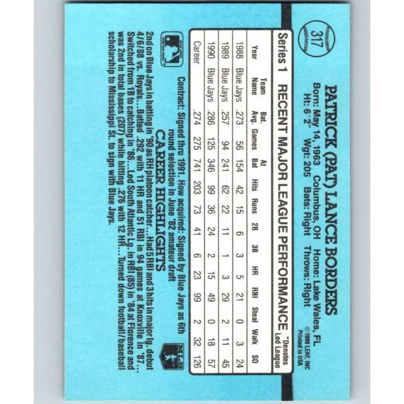 1991 Donruss #317 Pat Borders NM-MT Toronto Blue Jays Baseball Card - Baseball Card Single