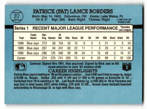1991 Donruss #317 Pat Borders Toronto Blue Jays Baseball Cards EX/NM ID:57708 - Baseball Card Single