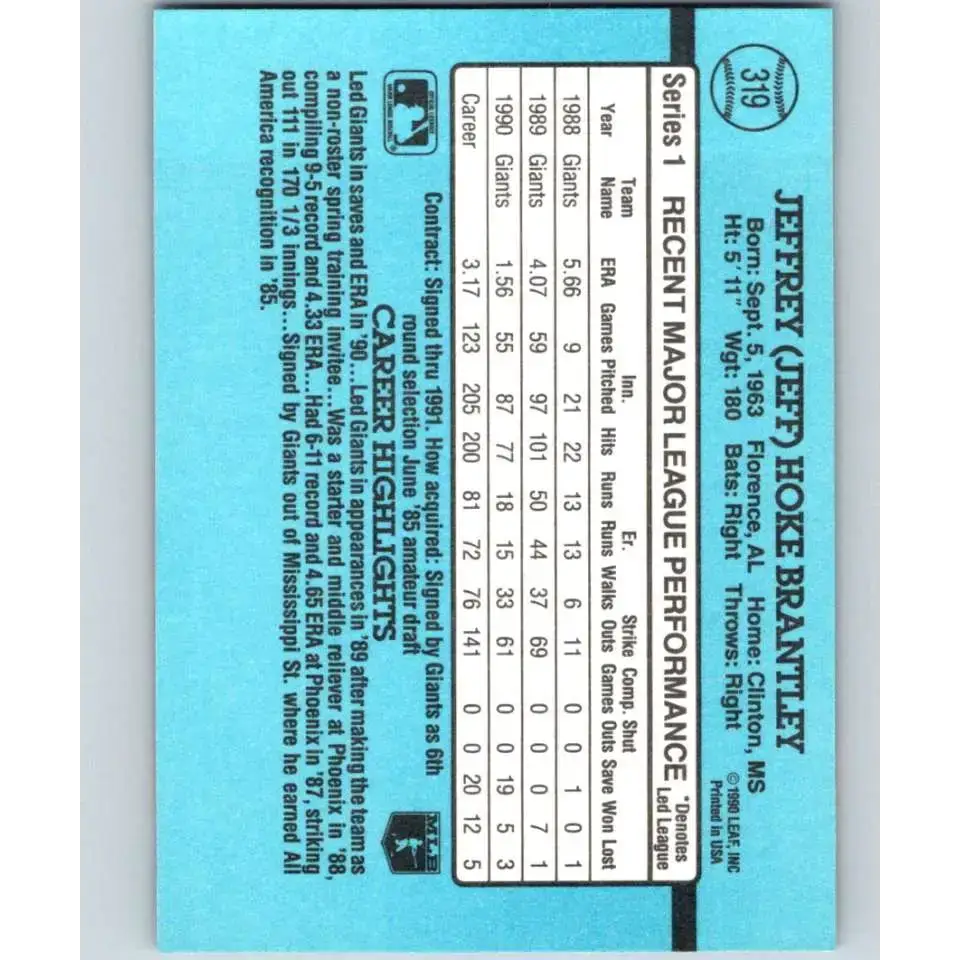 1991 Donruss #319 Jeff Brantley NM-MT San Francisco Giants Baseball Card - Baseball Card Single