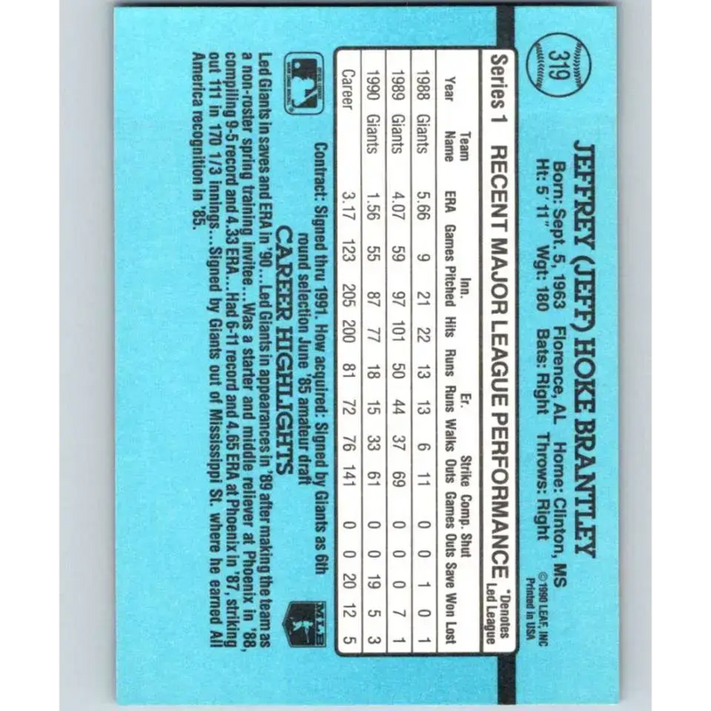 1991 Donruss #319 Jeff Brantley NM-MT San Francisco Giants Baseball Card - Baseball Card Single