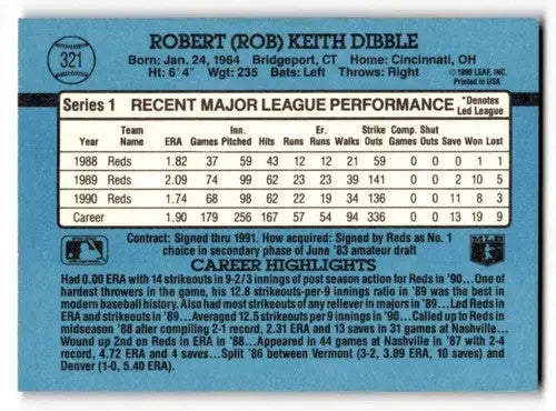 Original gloss Rob Dibble Cincinnati baseball card from 1991 Donruss featuring Dibble Cincinnati Reds