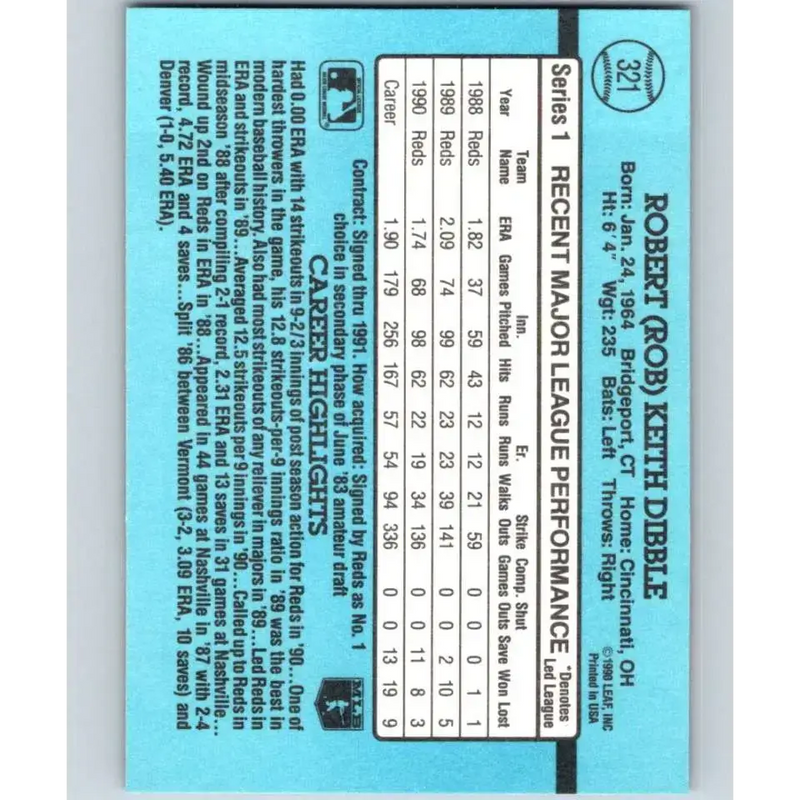 1991 Donruss #321 Rob Dibble NM-MT Cincinnati Reds Baseball Card - Baseball Card Single