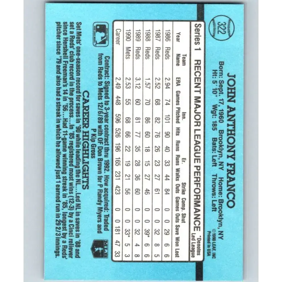 1991 Donruss #322 John Franco NM-MT New York Mets Baseball Card - Baseball Card Single