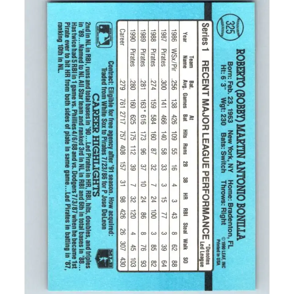 1991 Donruss #325 Bobby Bonilla NM-MT Pittsburgh Pirates Baseball Card - Baseball Card Single