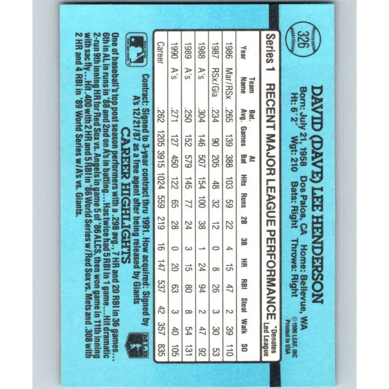 1991 Donruss #326 Dave Henderson NM-MT Oakland Athletics Baseball Card - Baseball Card Single