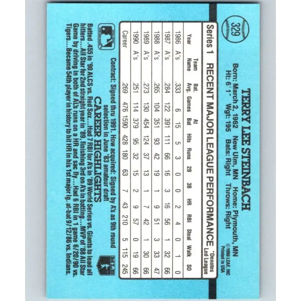 1991 Donruss #329 Terry Steinbach NM-MT Oakland Athletics Baseball Card - Baseball Card Single