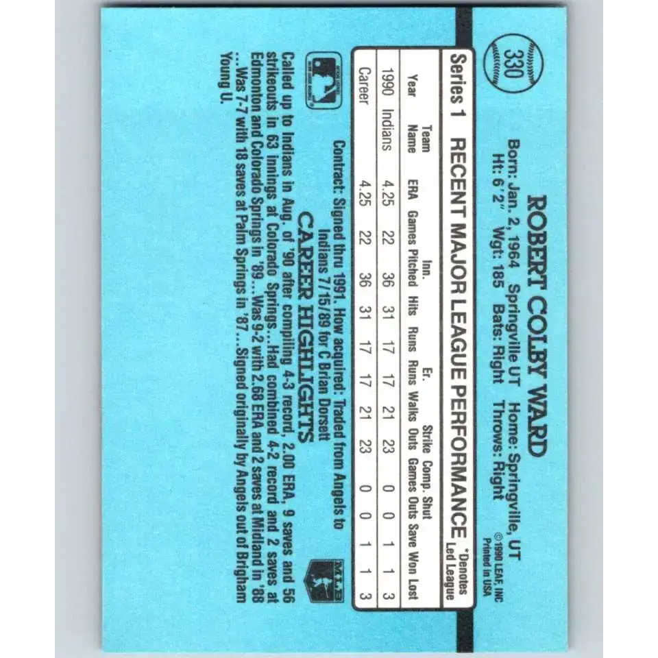 1991 Donruss #330 Colby Ward UER NM-MT RC Rookie Cleveland Indians Baseball Card - Baseball Card Single