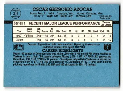 1991 Donruss #331 Oscar Azocar New York Yankees Baseball Cards EX/NM ID:57713 - Baseball Card Single
