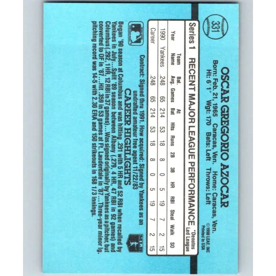 1991 Donruss #331 Oscar Azocar NM-MT New York Yankees Baseball Card - Baseball Card Single