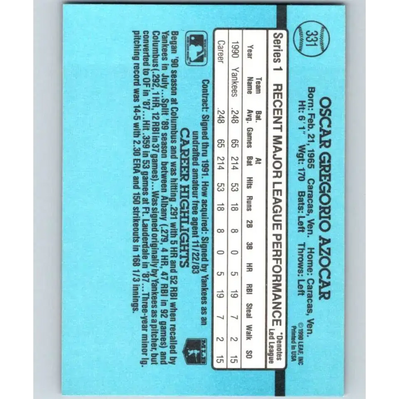 1991 Donruss #331 Oscar Azocar NM-MT New York Yankees Baseball Card - Baseball Card Single
