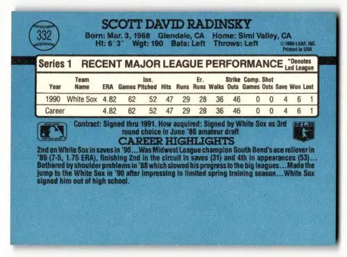 1991 Donruss #332 Scott Radinsky Chicago White Sox Baseball Cards EX ID:57653 - Baseball Card Single