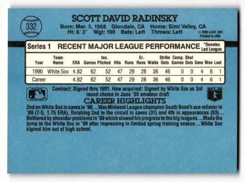 1991 Donruss #332 Scott Radinsky Chicago White Sox Baseball Cards EX ID:57661 - Baseball Card Single