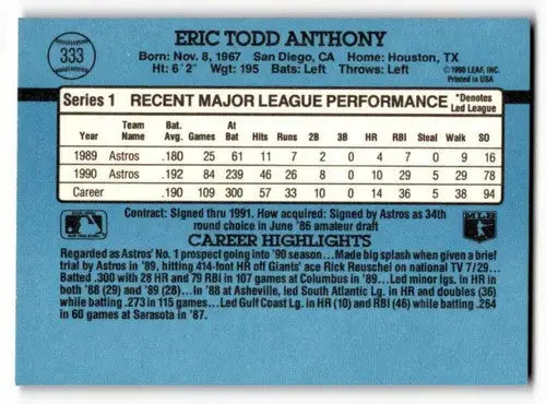 1991 Donruss #333 Eric Anthony Houston Astros Baseball Cards EX/NM ID:55346 - Baseball Card Single