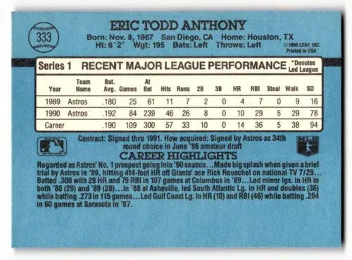 Original gloss 1991 Donruss Eric Anthony Houston Astros baseball card featuring Eric Anthony Houston