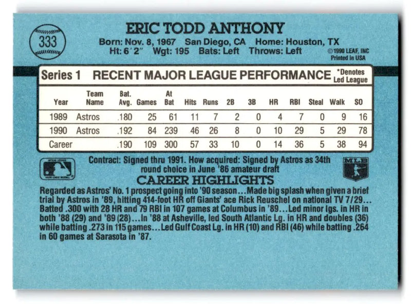 1991 Donruss #333b Eric Anthony - Baseball Card Single