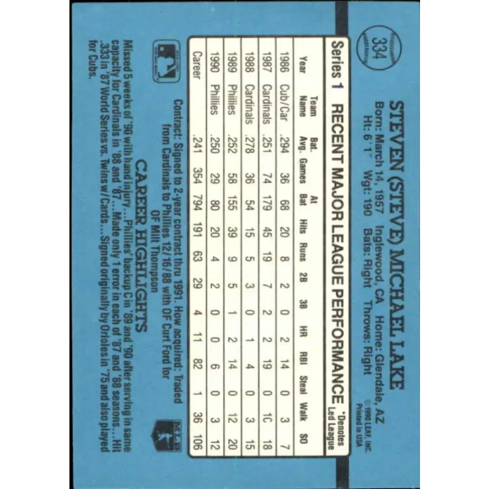 1991 Donruss #334 Steve Lake NM-MT Philadelphia Phillies Baseball Card - Baseball Card Single
