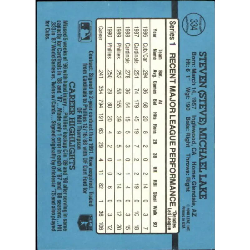 1991 Donruss #334 Steve Lake NM-MT Philadelphia Phillies Baseball Card - Baseball Card Single
