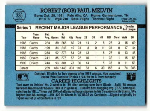 1991 Donruss #335 Bob Melvin Baltimore Orioles Baseball Cards EX/NM ID:57687 - Baseball Card Single