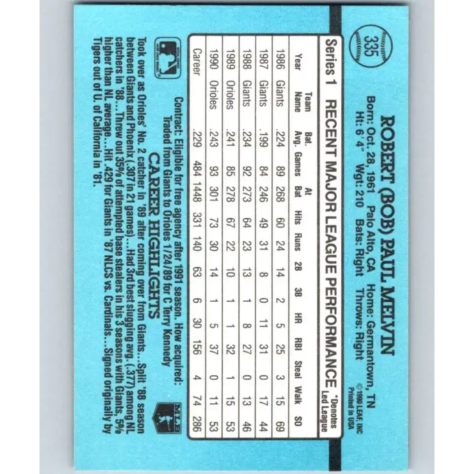 1991 Donruss #335 Bob Melvin NM-MT Baltimore Orioles Baseball Card - Baseball Card Single