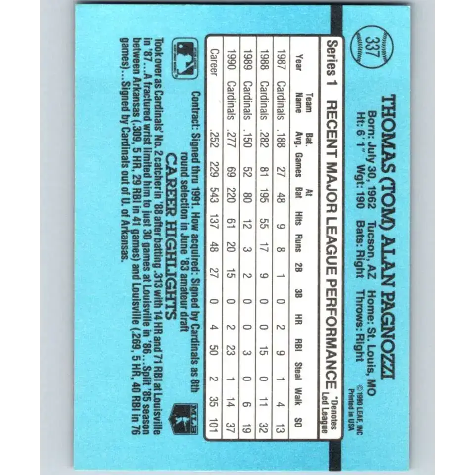1991 Donruss #337 Tom Pagnozzi NM-MT St. Louis Cardinals Baseball Card - Baseball Card Single