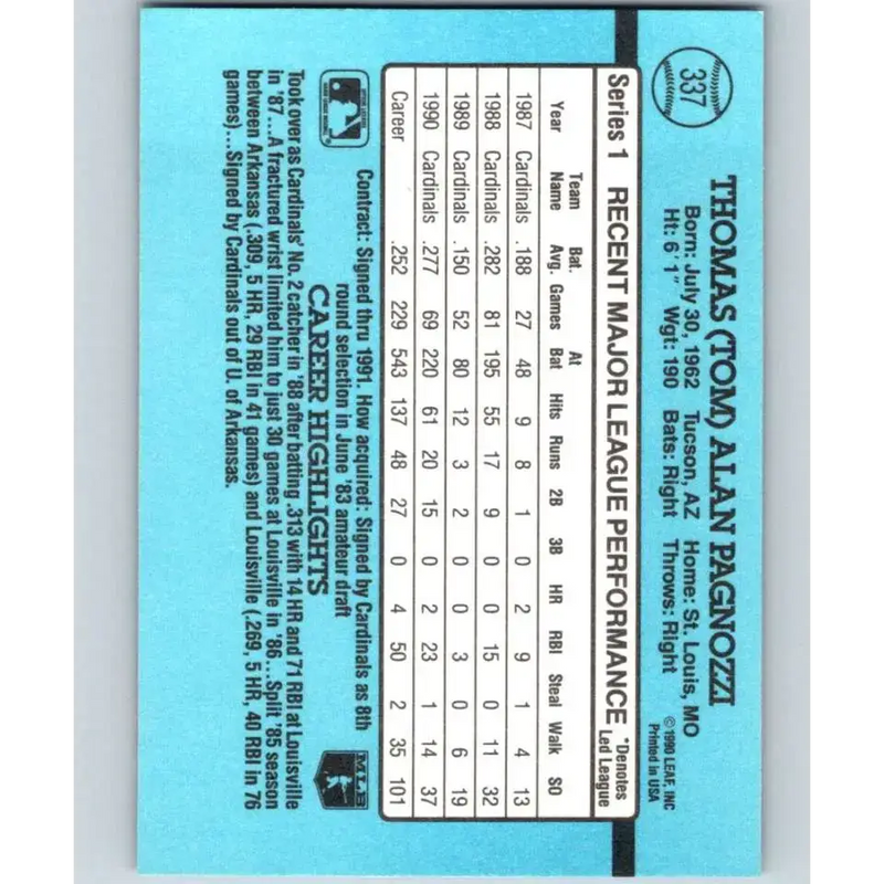 1991 Donruss #337 Tom Pagnozzi NM-MT St. Louis Cardinals Baseball Card - Baseball Card Single