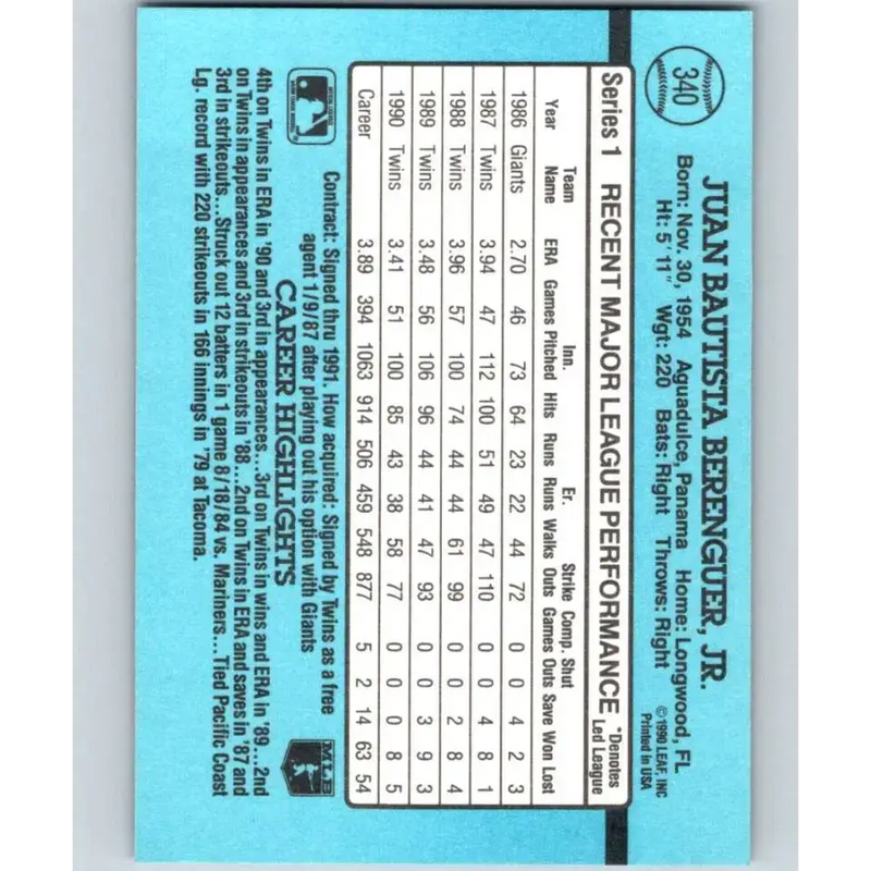 1991 Donruss #340 Juan Berenguer NM-MT Minnesota Twins Baseball Card - Baseball Card Single