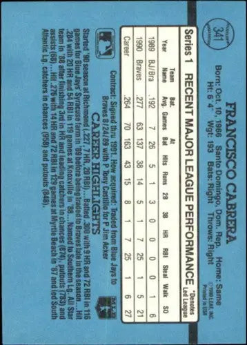 Back of 1991 Donruss Francisco Cabrera baseball card with original gloss and simply sandoval