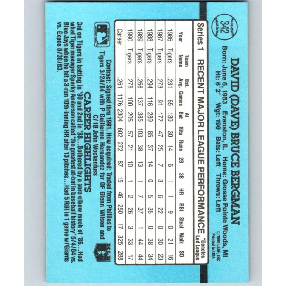 1991 Donruss #342 Dave Bergman NM-MT Detroit Tigers Baseball Card - Baseball Card Single