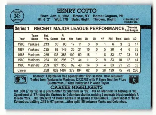 1991 Donruss #343 Henry Cotto Seattle Mariners Baseball Cards EX/NM ID:57698 - Baseball Card Single