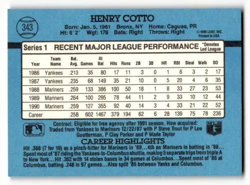 1991 Donruss #343 Henry Cotto Seattle Mariners Baseball Cards EX/NM ID:57648 - Baseball Card Single