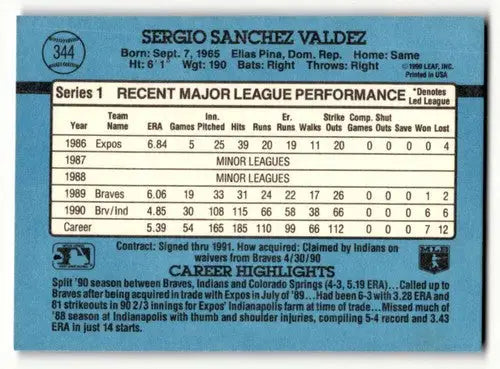 1991 Donruss #344 Sergio Valdez Cleveland Indians Baseball Cards EX/ ID:57692 - Baseball Card Single